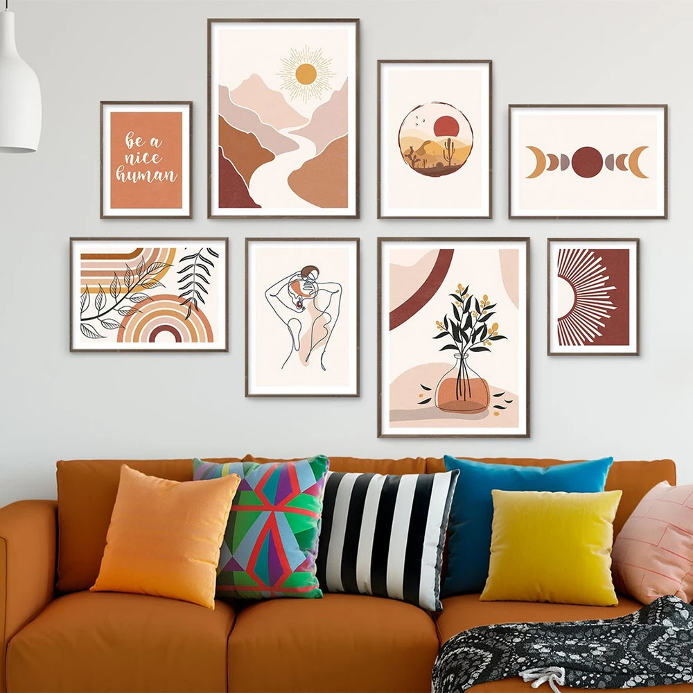 

Скандинавские плакаты и принты линия листьев лица девушки Луна Радуга солнце пустыня ботаническая стена искусство холст картина для гости...