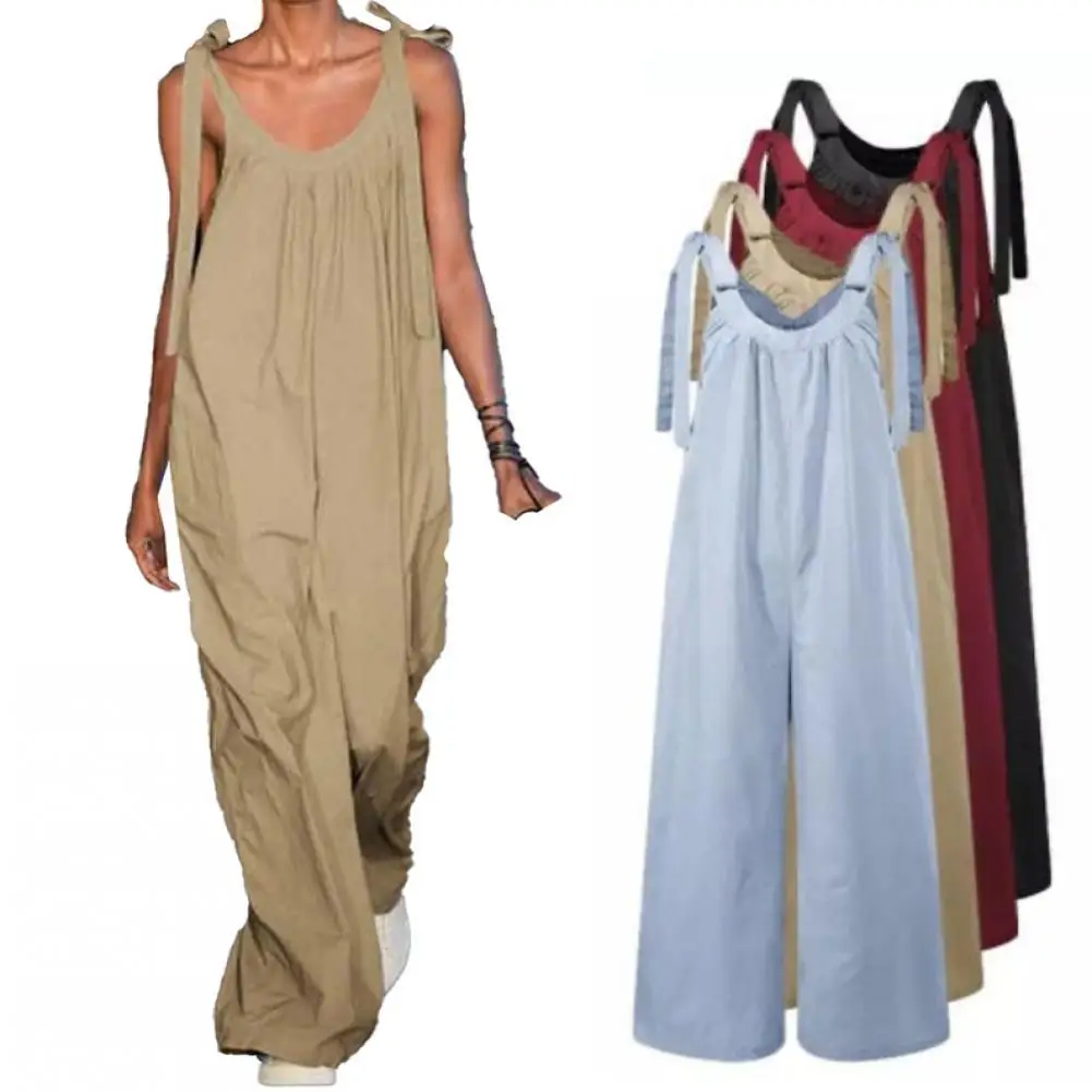 

Solid Color Sleeveless Jumpsuits Women Loose Wide Leg Bib Overalls for Women Oversized Sleeveless Rompers combinaison femme