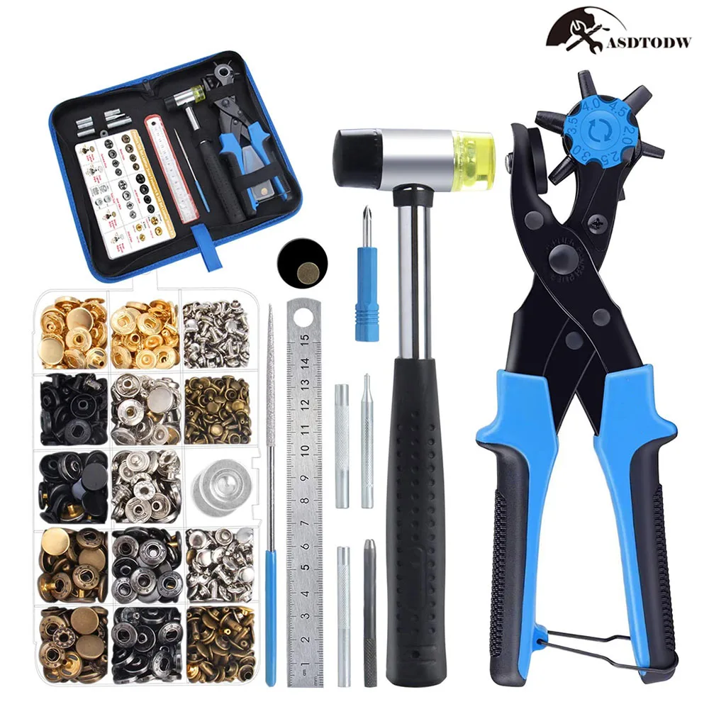 

340pcs Hole Punch Plier Set with Punch Plier Ruler Grinding Rod Plastic Hammer Leather Double Cap Rivets & Leather Snap Fastener