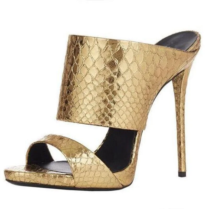

Sexy Gold Snake Print Leather High Heel Sandals Cut-out Gladiator Heel Women Mules Thin Heels Slides Leisure Summer Shoes