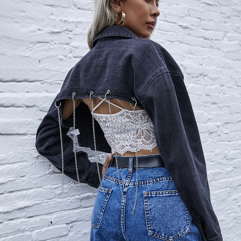 

2021 Fashionable Irregular Backless Chain Loose Short Jacket