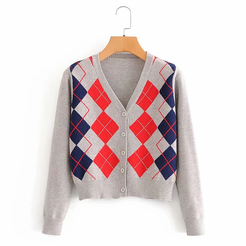 

vintage stylish geometric rhombic cardigan sweater women 2020 fashion autumn warm long sleeve outerwear chic england style tops