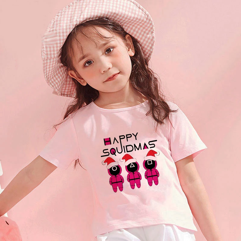 

White Short Sleeve Clothes T-Shirts ​Children's Clothing Squid Game Cute Cartoon Boy And Girl Kid Top Crew Neck Anime Christmas