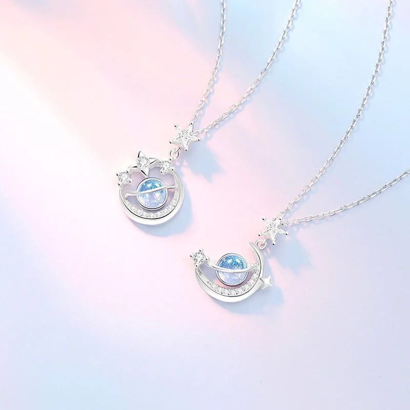 

925 Sterling Silver Moon Star Planet Charm Necklace Pendant Women Girls Wedding Birthday Jewelry Accessories Collar dz908