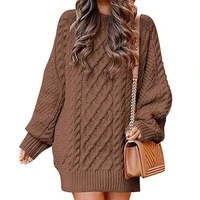 fashion round neck long sleeved large profile twill knitted thick needle pullover mid length sweater dress pullover vintage