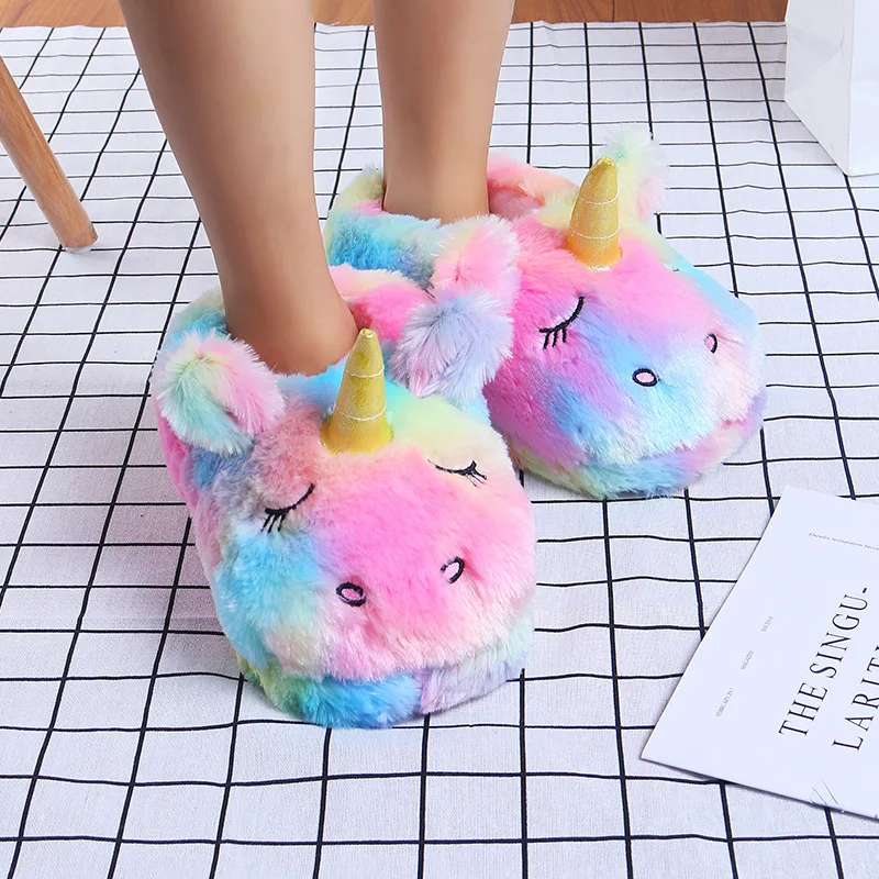 FAYUEKEY Cartoon Rainbow Unicorn Slippers Women Girls Winter Plush Warm Home Slippers Indoor Shoes Cotton Women Unicorn Shoes