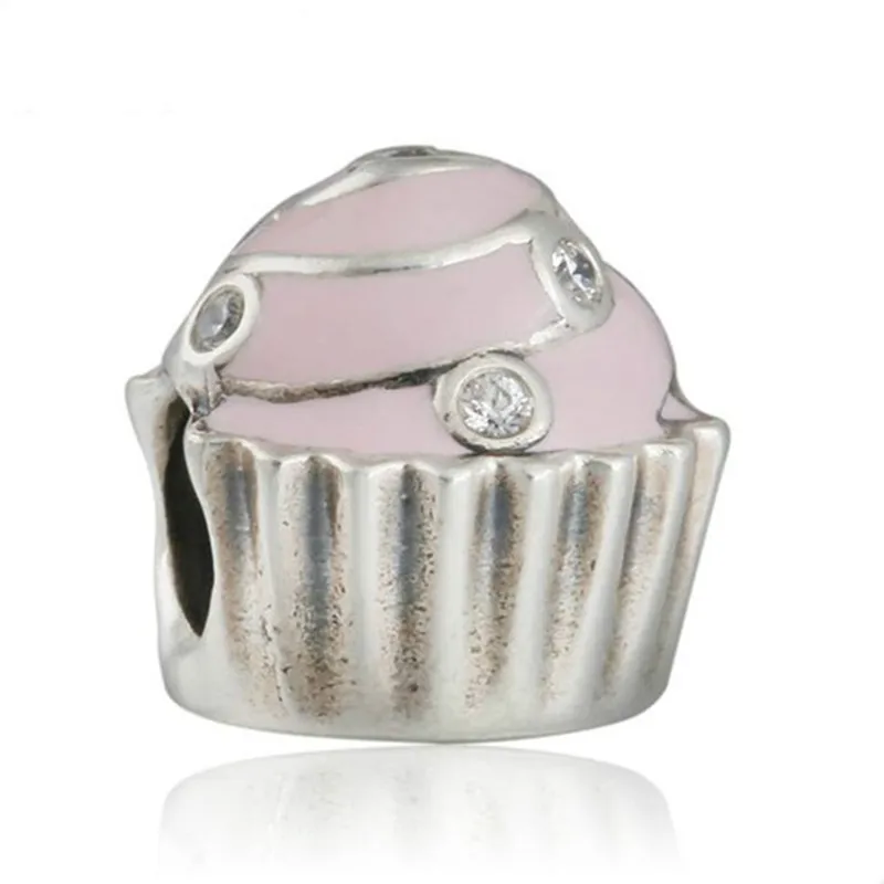 

925-Sterling-Silver Sweet Cupcake Charms Mother's Day Pink Enamel Clear CZ Cake Bead Fits Pandora Bracelets Diy Jewelry Making