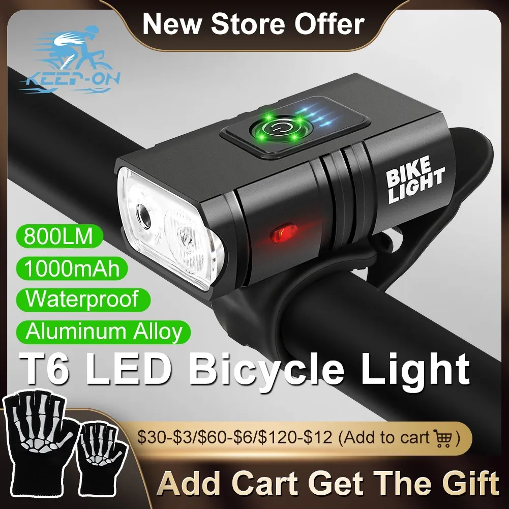 

T6 LED Bicycle Light 1000LM USB Rechargeable Power Display MTB Mountain Road Bike Front Lamp Flashlight Cycling Flashlight