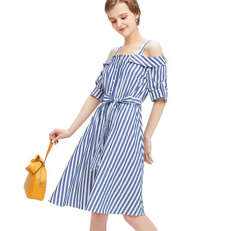

100 Cotton Dress Women Elegant Fashion Striped Blue A-Line Party Dresses Lady High Quality Free Shipping