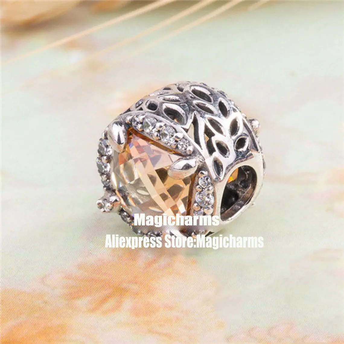 

925 Sterling Silver Vibrant Grain Square With Golden CZ Charm beads Fits All European Pandora Pandora Bracelets Necklaces