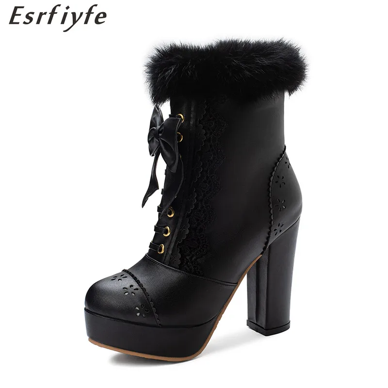 

ESRFIYFE 2020 New Winter Women Ankle Boots Fashion High Heel Platform Shoes Woman Sweet Bowknot Fur Lolita Short Boots Women