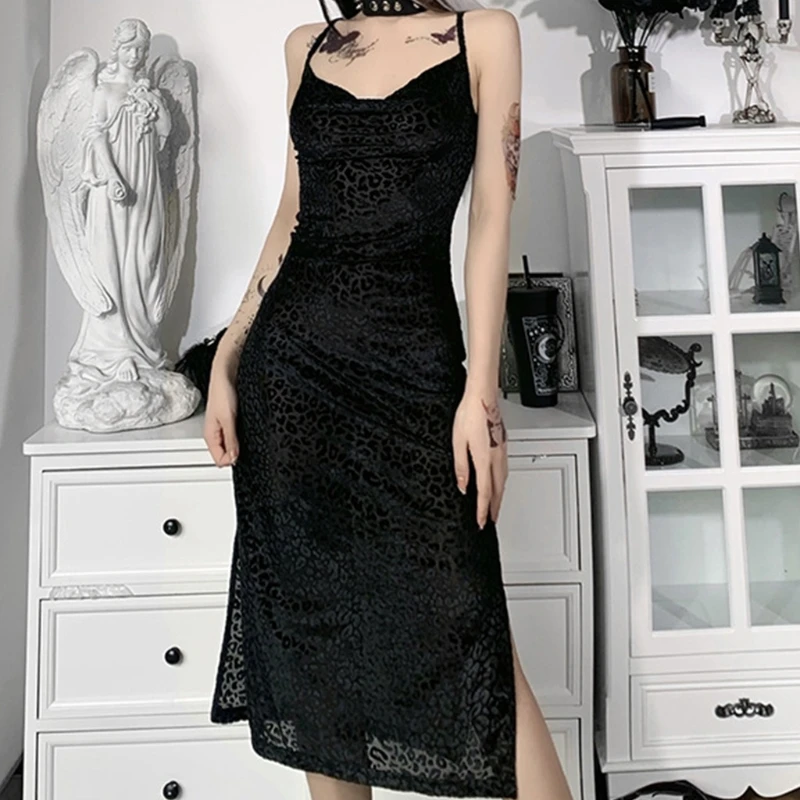 

Black Leopard Print Slim Sling Dress Sexy Streetwear Sleeveless Chic Women Party LX9E