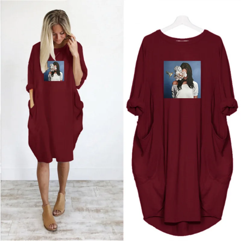 

Woman Plus Size Dress Female Fashion Flowers&beauty Print Long Sleeve o Neck Pocket Casual Party Dresses Cute Pregnant Robes