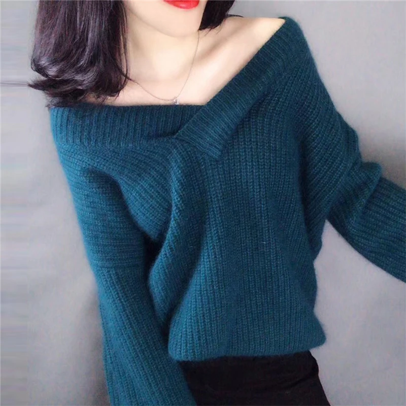 

2022new Autumn Winter Knitted Woolen V-neck Loose Sexy Solid Warm Women Female Pullovers Sweater Multi-color White