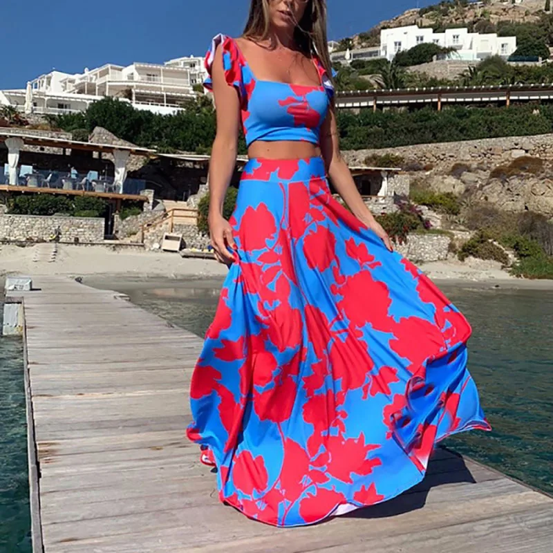 

Miss skirt Explosion Fashion Sexy Sling dress Long skirt Two-piece suit High street printing Party Sandy beach Fashion Vacation