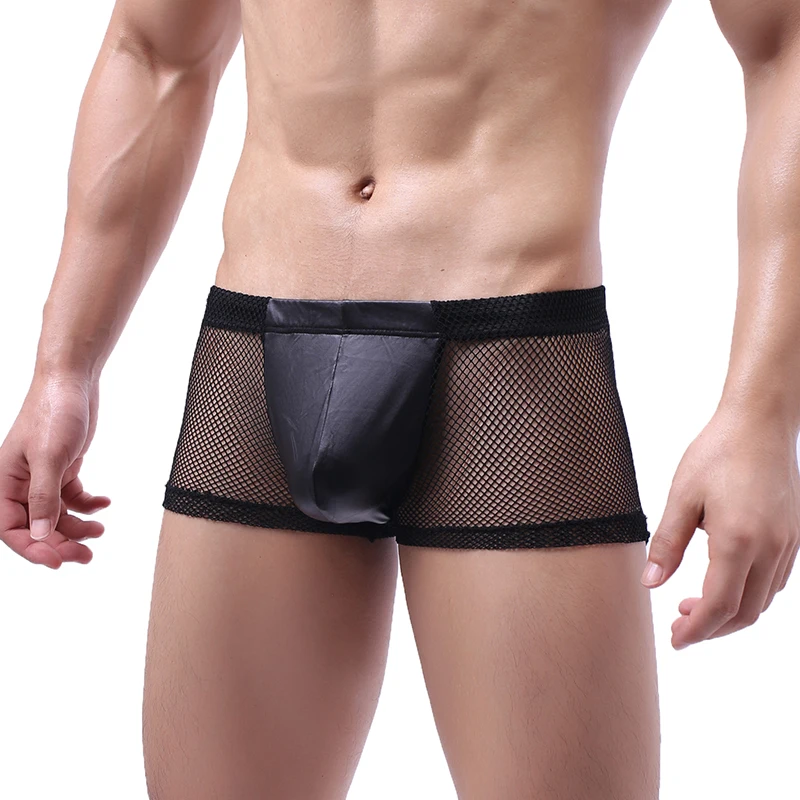Mens Boxer Shorts Sexy Mesh See Through PU Leather Penis Pouch Underwear Exotic Gay Panties Calzoncillo Hombre Boxershorts XXL | Мужская