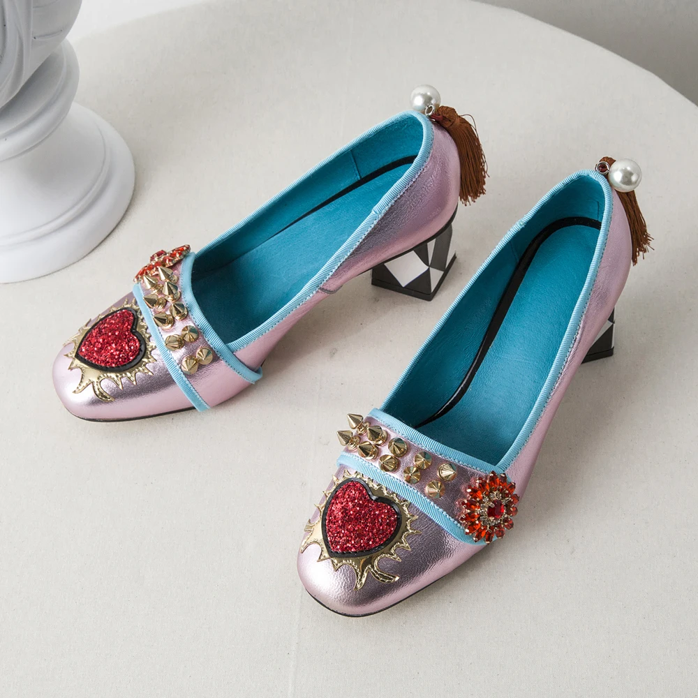 Модные женские 100% кожаные туфли на каблуке Комфортные со стразами весну и лето