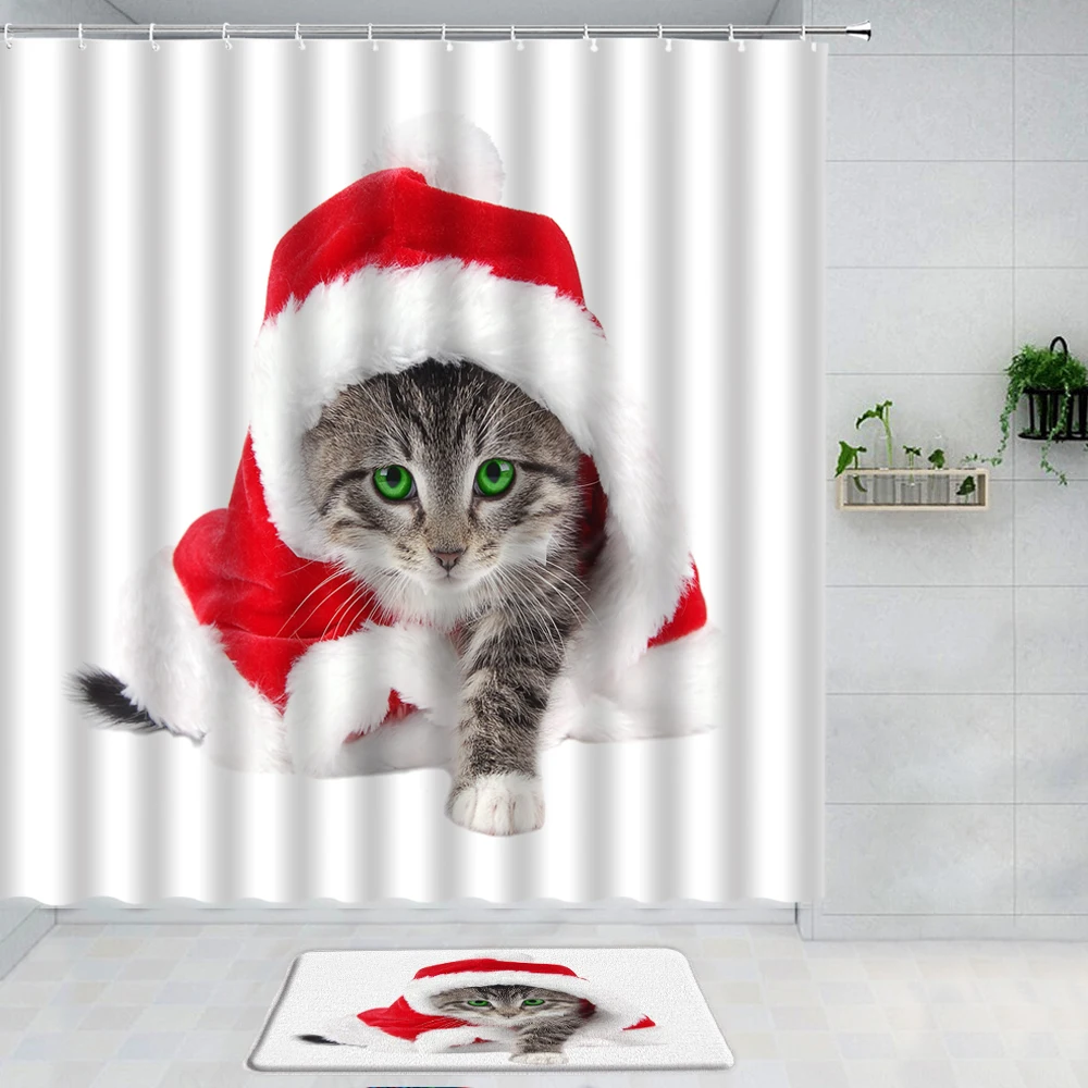 

Рождественская шапка и занавеска для душа в виде кошки с красной 3D ковриком