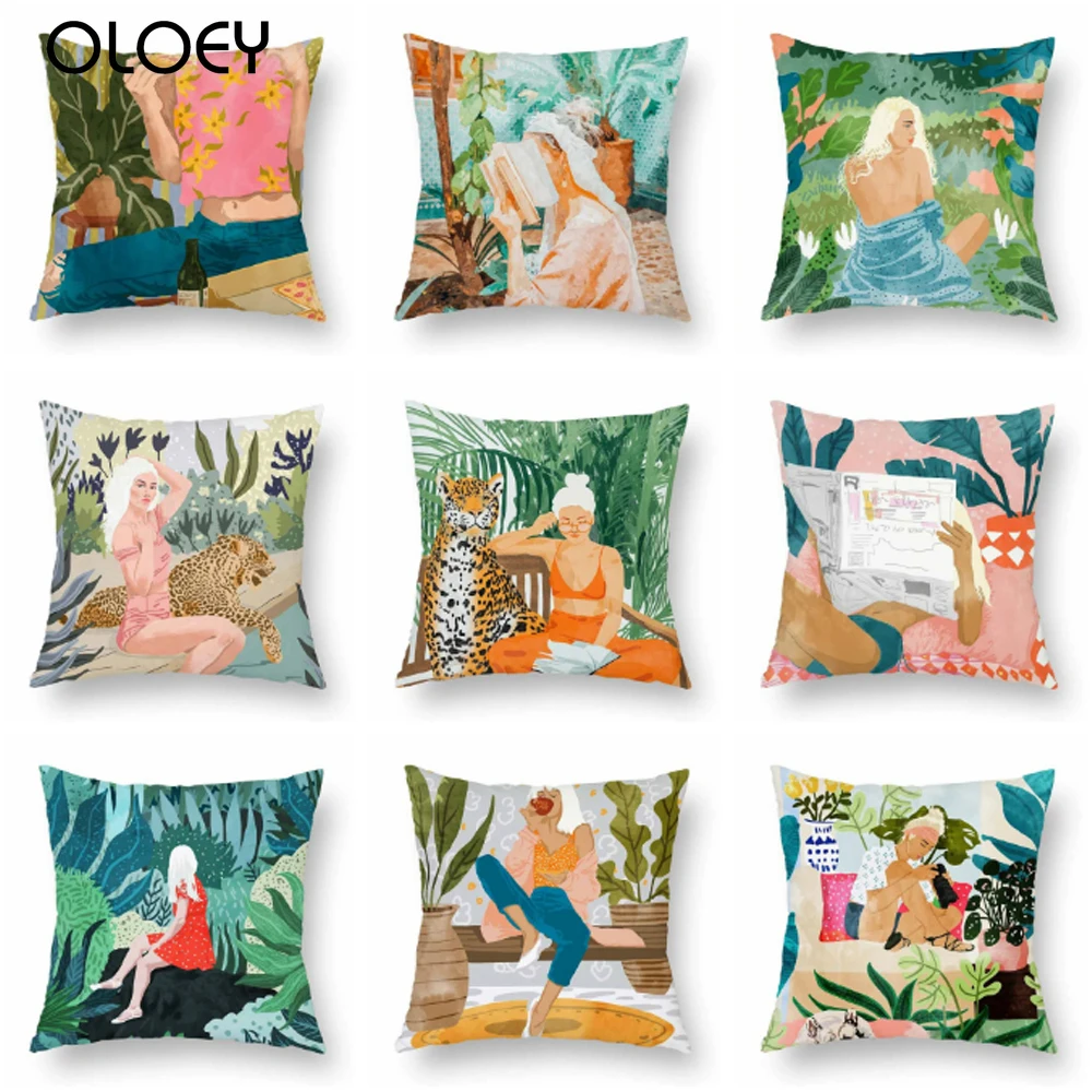 

Jungle Woods Polyester Cushion Covers Forest Animal Tiger Fox Cat Deer Whale Throw Pillow Cover Cartoon Oil Painting Pillow Case