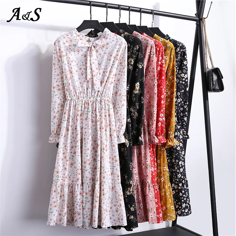 

Work Dresses Women Winter Korean Black Shirt Vestidos Office Polka Dot Vintage Autumn Floral Long Sleeve Women Dress Casual