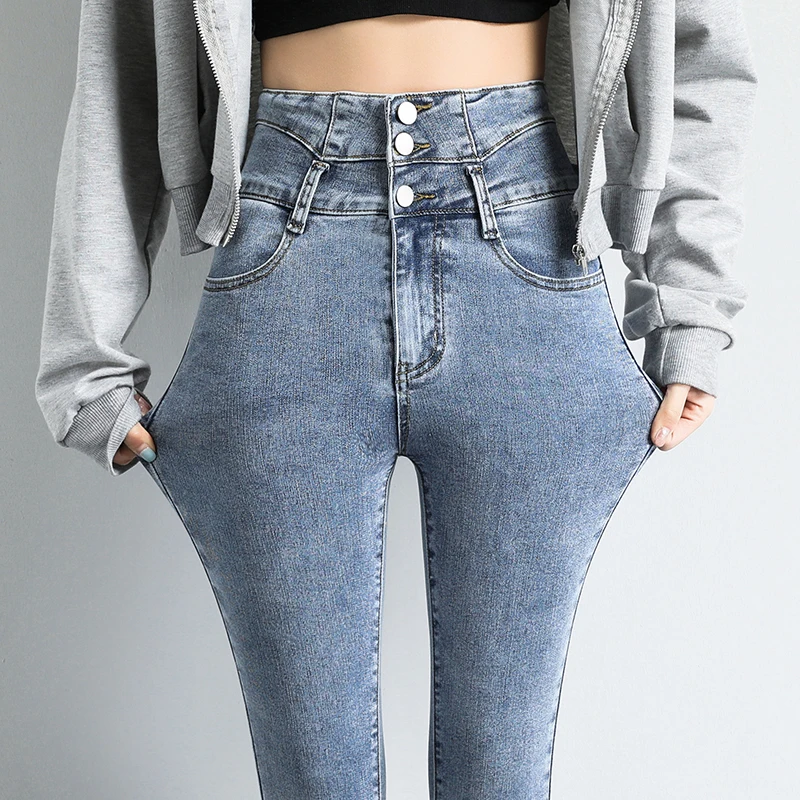

Spring Autumn New Jeans Women High Waist Three Buttons Slim Skinny 4 Colors Fashion Female Streetwear Vintage Denim Wash Pants