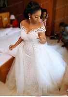 off the shoulder arabic mermaid wedding dress sexy nigerian detachable train lace sheer african bridal gown robe de mariage