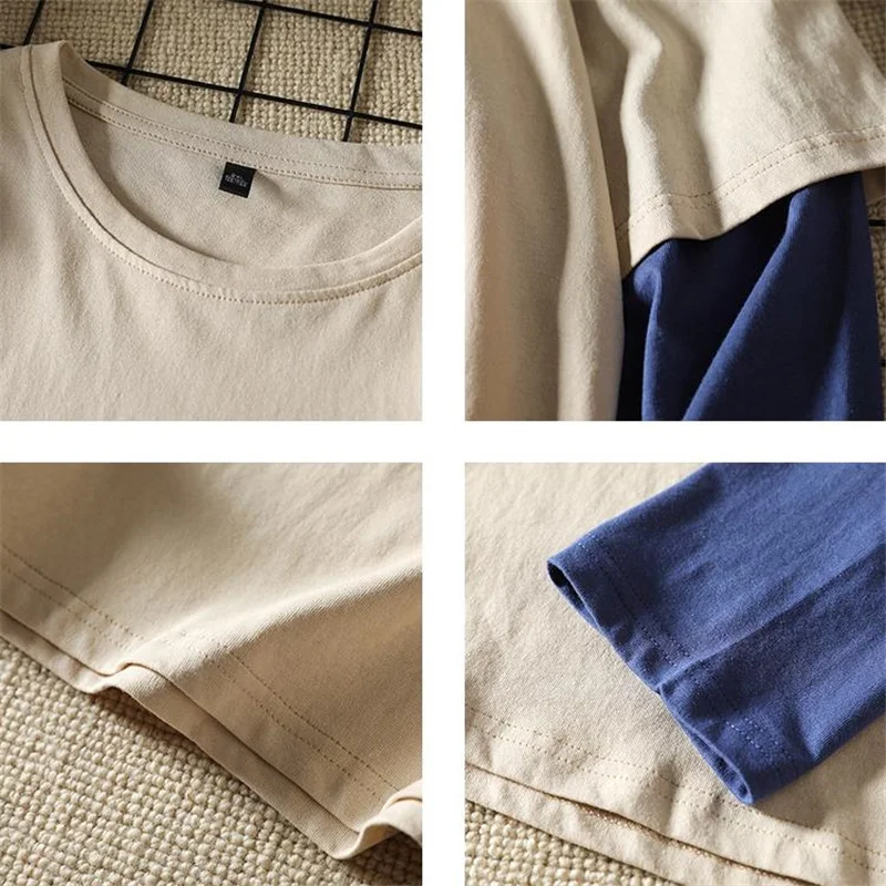 

2021Spring Autumn Long Sleeve Fake Two-piece T Shirt Striped Big Shirts Men Fashion Oversized Tees Clothes Tshirt Men's tops