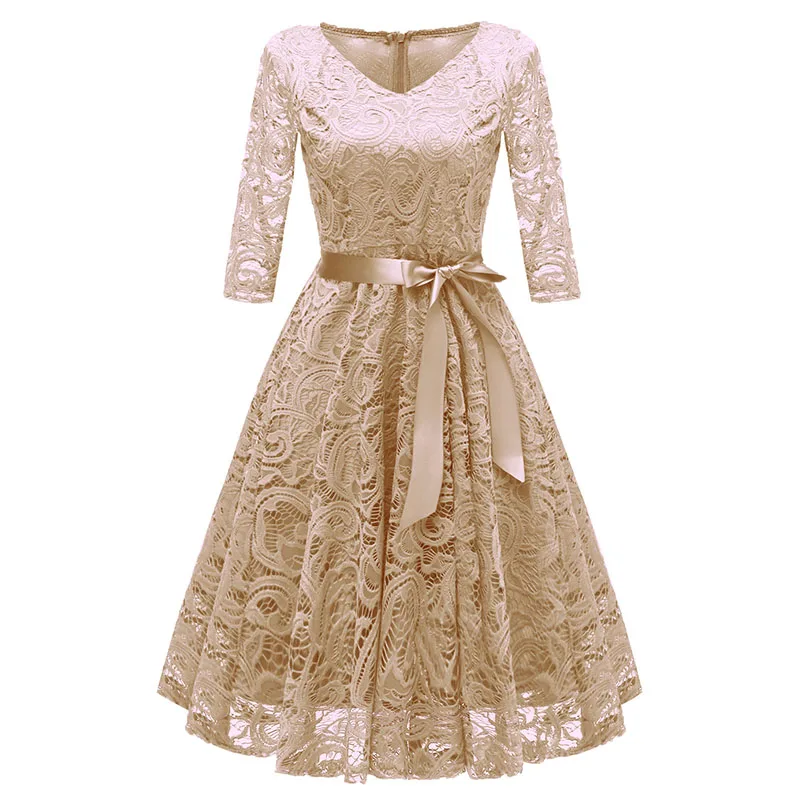 

New Party Dress Women Summer V-neck Lace 1/2 Sleeve Hook Flower Hollow Zipper Dresses Female Elegant Temperament Dress