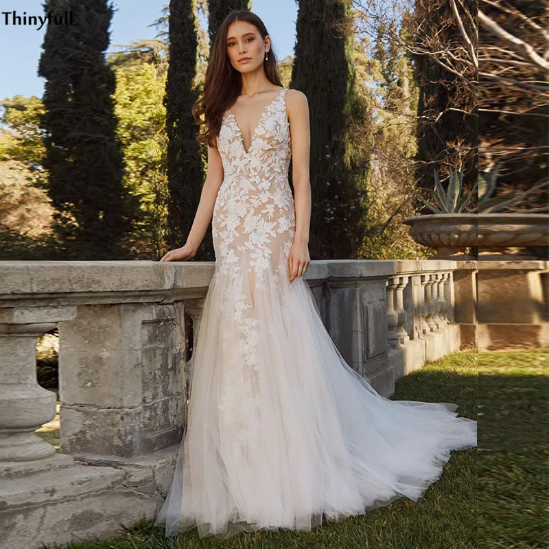 

Thinyfull Champagne Mermaid Boho Wedding Dresses Lace Appliques V-Neck Country Beach Bride Dress Open Back Vestidos De Novia
