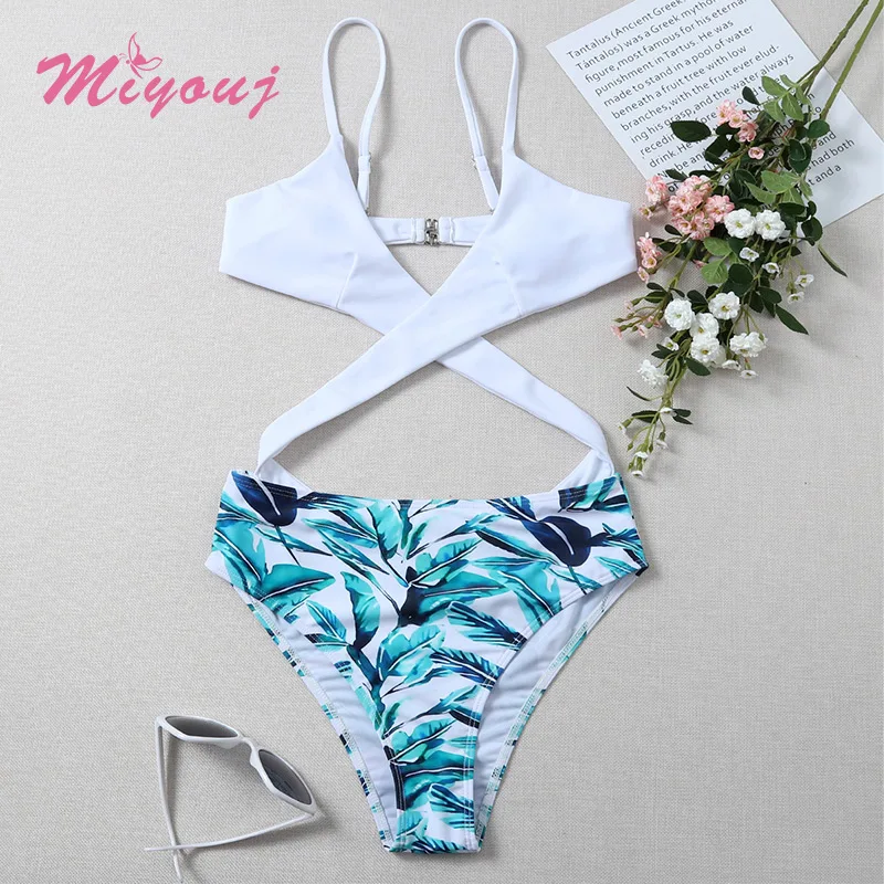 

Fashion Swimsuit 2021 Swimsuit Leaf Plant Print Women'S Swimwear Push Up Beachwear String One Piece Suits Hollow Sexy Swim Suit