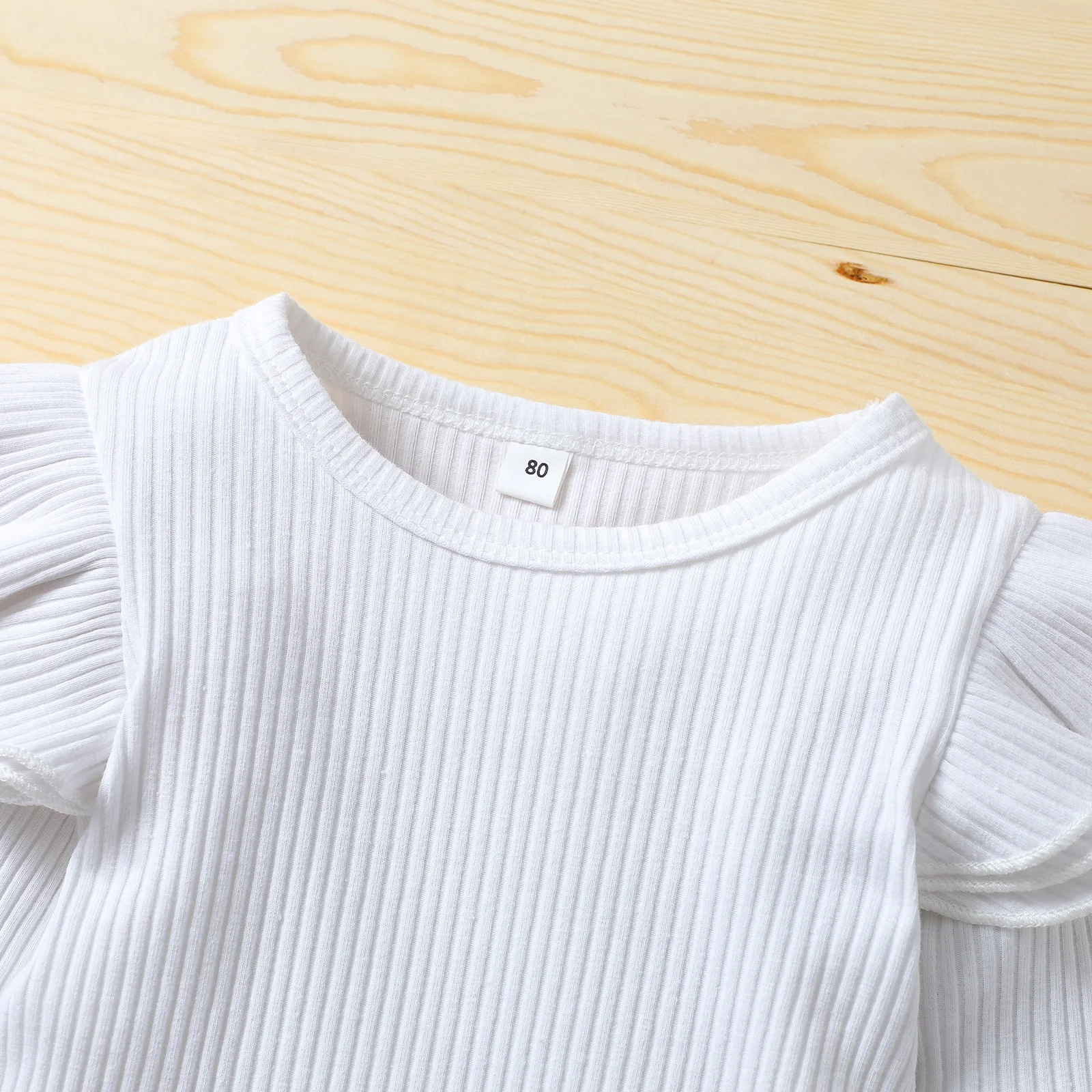 3 Pcs Newborn Casual Outfits Baby Girls Ribbed Fly Sleeve Round Neck Romper + Dot Print Flared Pants Bowknot Headband | Детская одежда