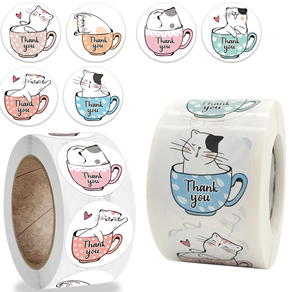 

500 pcs/lot kraft paper Stickers Gift Sealing Sticker Festival Birthday Party Cartoon cat Decorations Labels Thank you Stickers