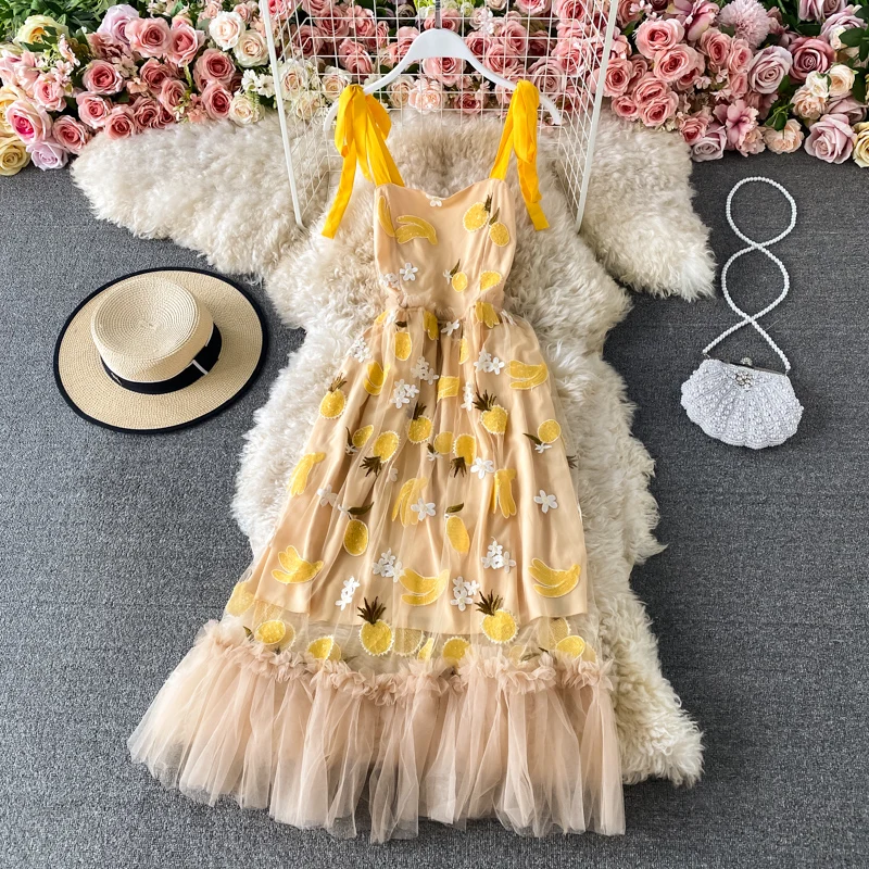 Sommer Kleid für Frauen 2021Lace-Up Halter Kleid Nette Ananas Banane Pailletten Stickerei Hohe taille Mesh Lange Hosenträger Kleid