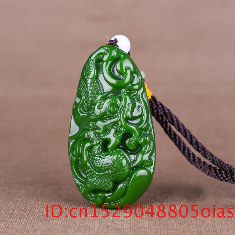 Китайский Натуральный дракон зеленый нефрит кулон ожерелье ручной резной Шарм