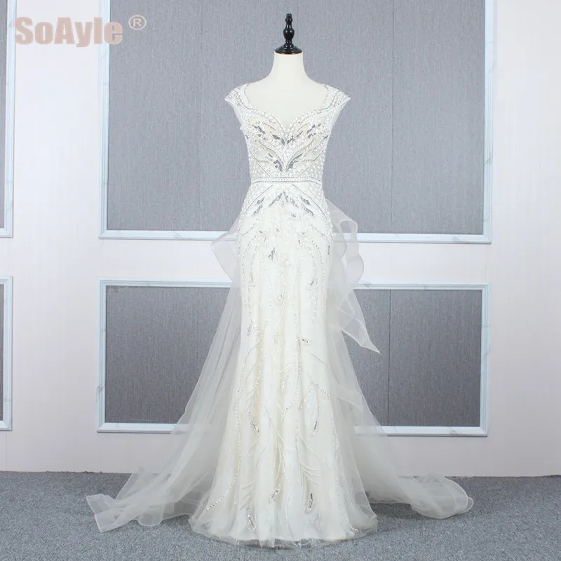 

SoAyle Luxury Evening Dress Long V-Neck Beaded Mermaid Evening Dress for women sleeveless Ruffle Open Back Robe De Soire