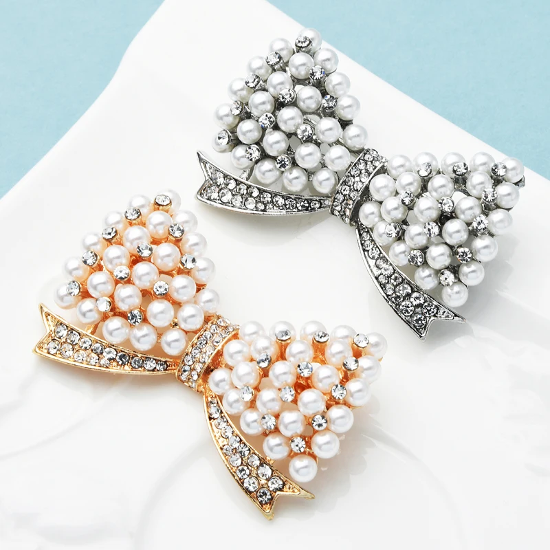 

Wuli&baby Pearl Bowknot Brooches Women 2-color Rhinestone Office Party Brooch Pins Gifts