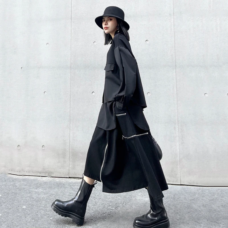 

[EAM] Women Black Irregular Spliced Bigsize Long T-shirt New Round Neck Long Sleeve Fashion Tide Spring Autumn 2021 1DD5812