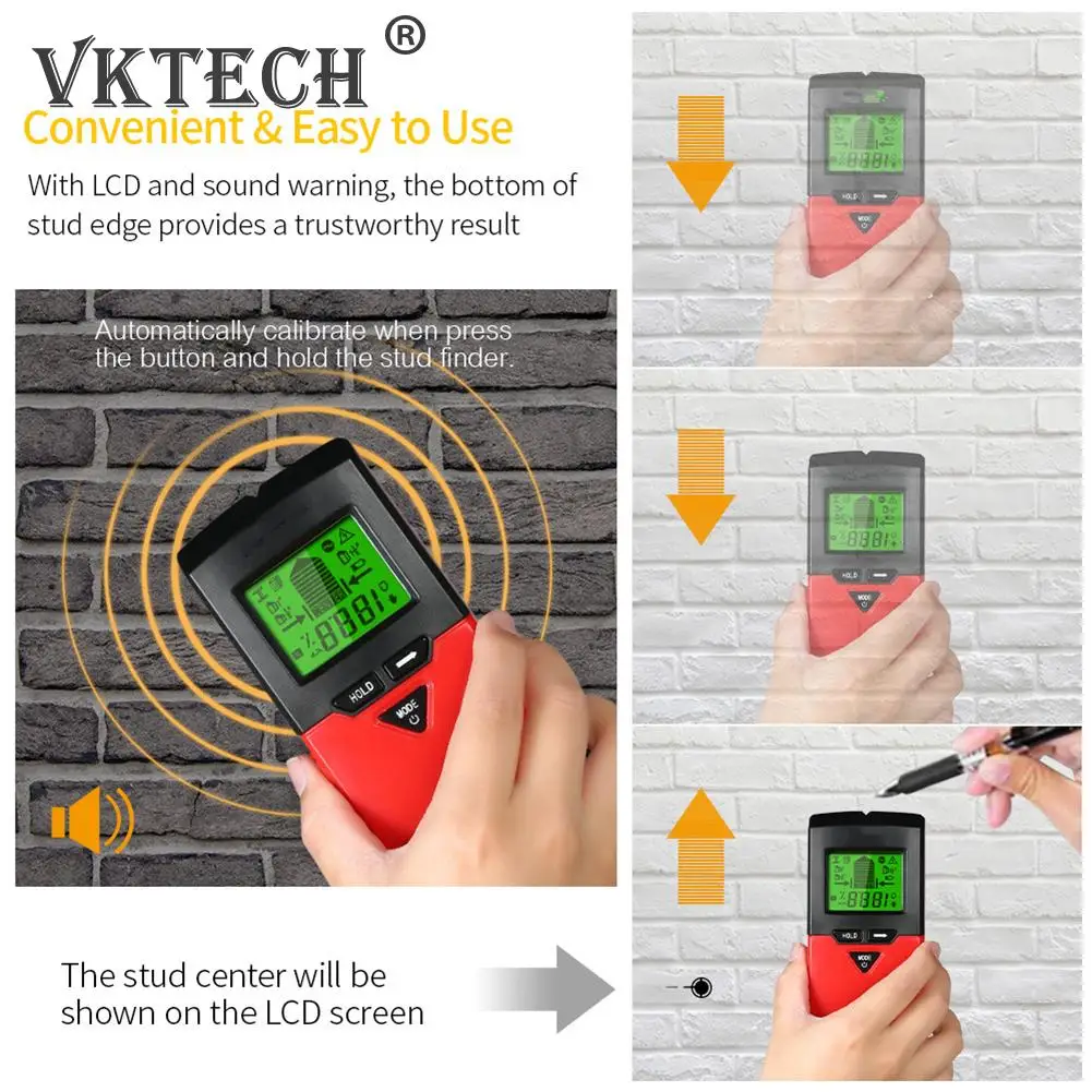 

TD100 5 in 1 LCD Wood Studs Detector AC Voltage Live Wire Detect Finder Cable Wiring Depth Tracker Wall Scanner Tools