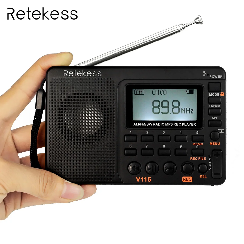 Retekess V115 радио FM/AM/SW мировой диапазон приемник MP3 плеер REC рекордер с таймером сна черный FM радио рекордер F9205A