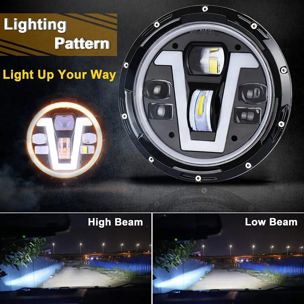Уникальный дизайн Wrangler Led 7 дюймов 50 Вт светильники V тип огонь DRL желтая глаза