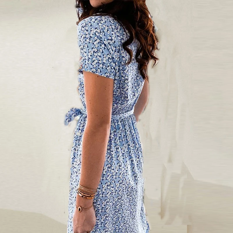 

Women Elegant V Neck Loose Party Dress Summer Vintage Printed Midi Dresses 2021 Female Fashion Casual Short Sleeve Beach Dress