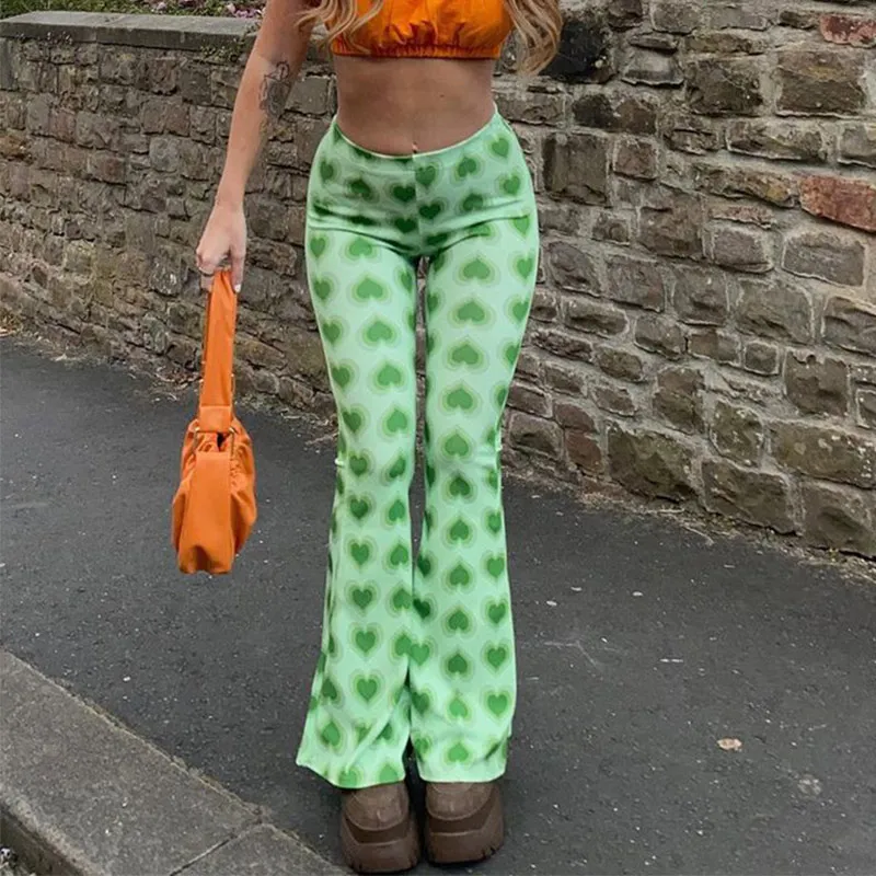 

Женские расклешенные брюки с градиентом, готические брюки с высокой талией и принтом сердечек, облегающие брюки для девочек, модная уличная...