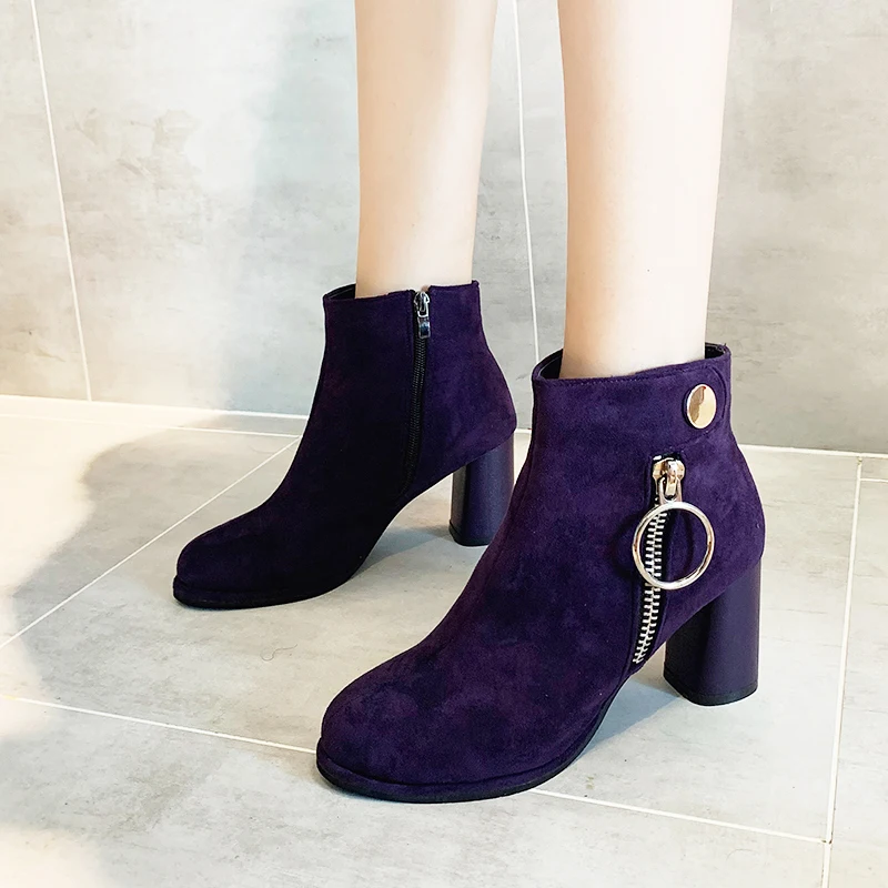 Ботильоны на высоком толстом каблуке с металлической молнией Цвет фиолетовый