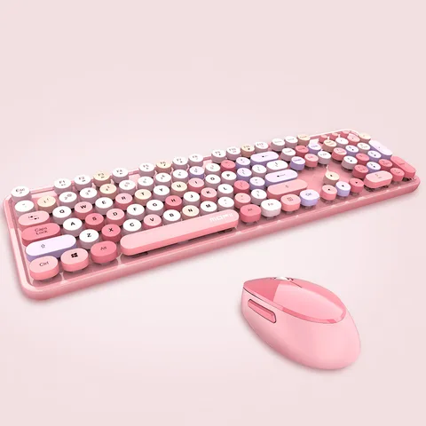 Комплект беспроводной клавиатуры и мыши, 2,4 ГГц, для офиса, для девочек, 104 клавиш, круглый колпачок, милый, розовый, синий, зеленый, красный, черный, белый, для ПК, ноутбука