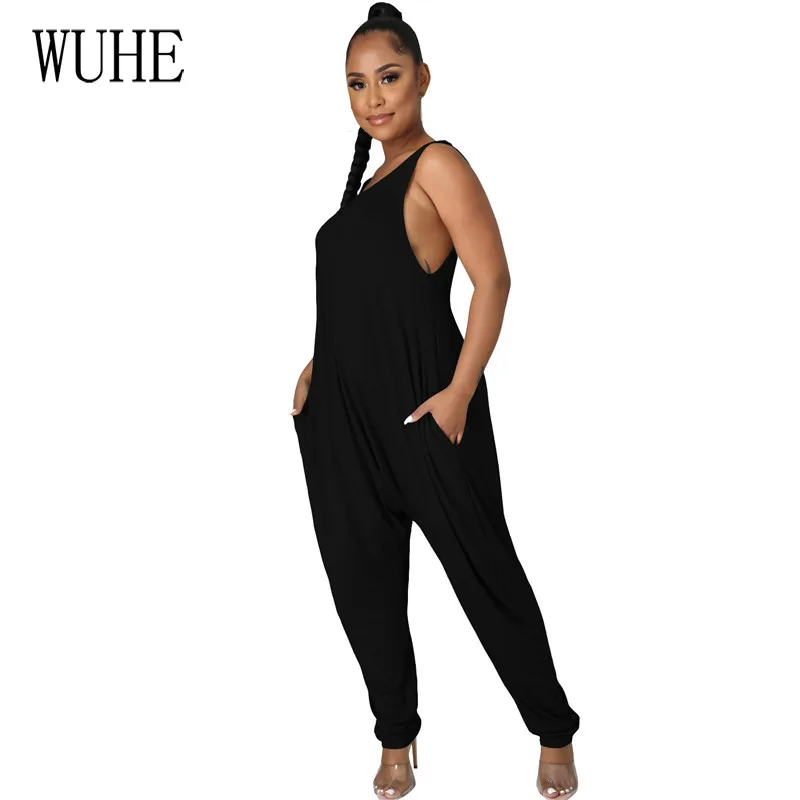 

WUHE Casual Loose Jumpsuits Sexy V Neck Off Shoulder Hollow Out Sleeveless Sports Fitness Club Elegant Women Summer Overalls