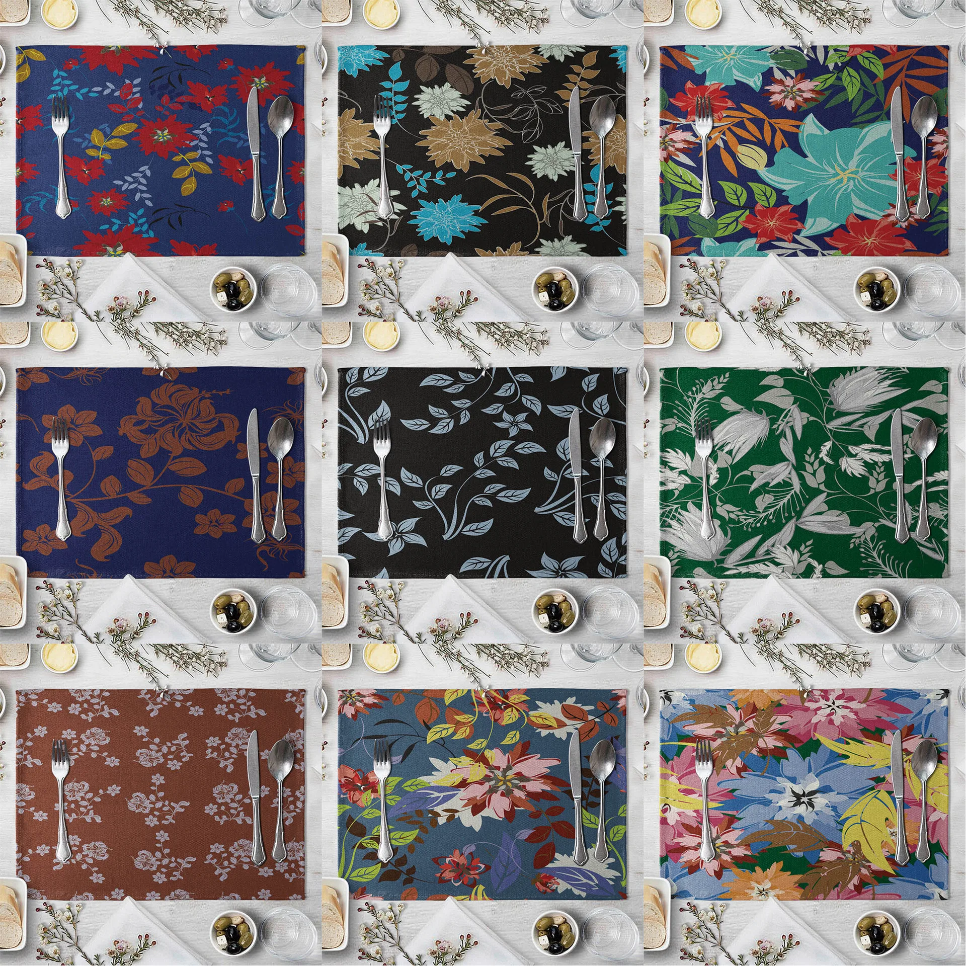 Коврик для еды винтажный с цветочной росписью прямоугольный из ткани | Дом и сад