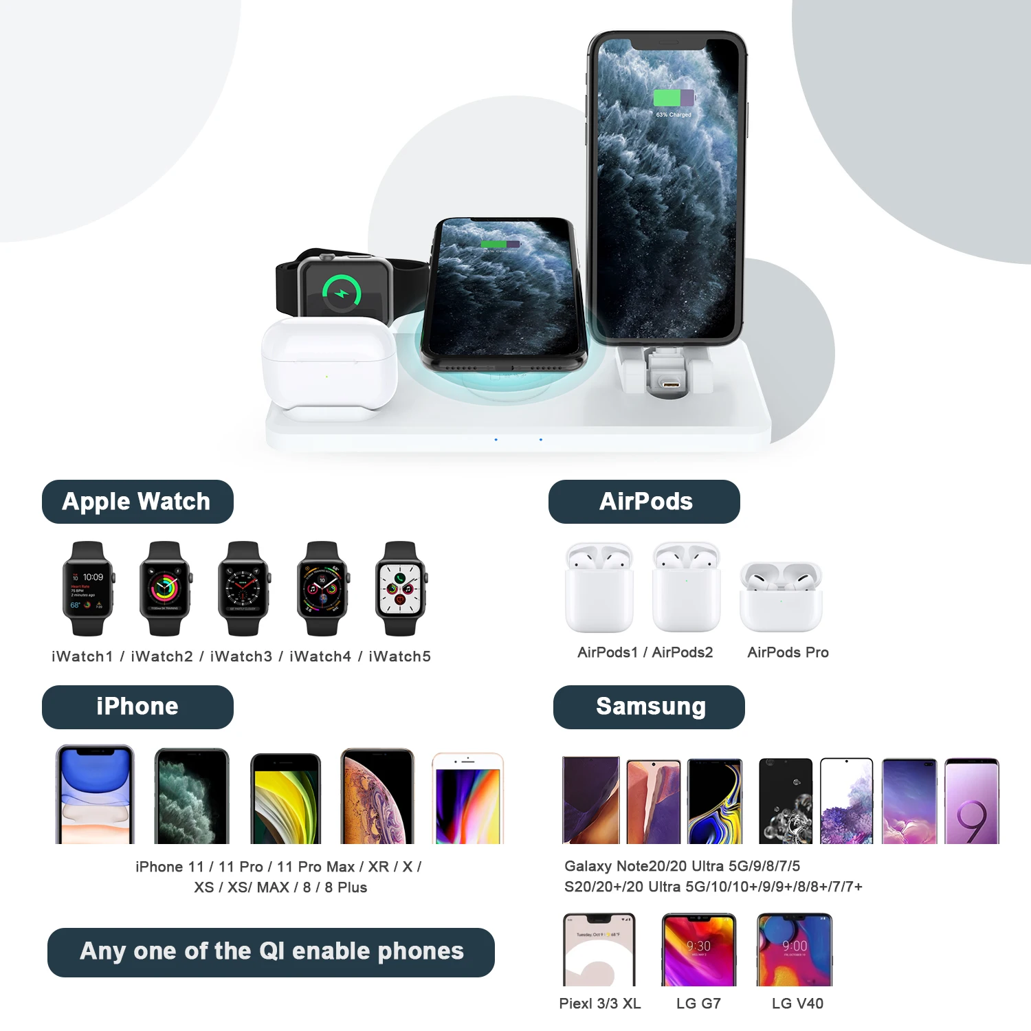 Беспроводное зарядное устройство 15 Вт Qi для iPhone 12 11XS Pro Max X For Watch 5 4 Airpods быстрая