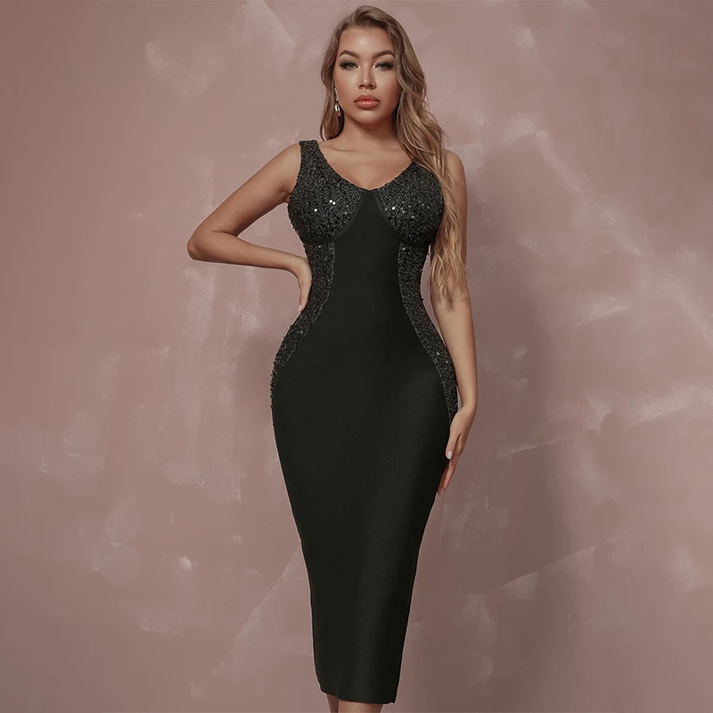 

Sesidy Women Black Tank Bandage Dress 2022 Summer Sexy V Neck Sequins Midi Celebrity Club Evening Runway Party Outfits Dress