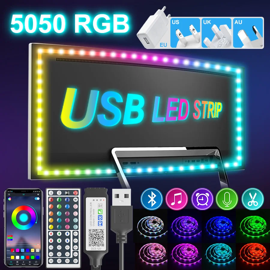 

Гибкая лента, 1-30 м, Bluetooth USB светодиодные ленты, освещение, 5050 RGB, водонепроницаемая, с адаптером питания