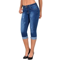 plus size fashion summer women high waist skinny jeans knee length hole ripped denim capri slim streetwear stretch casual pants